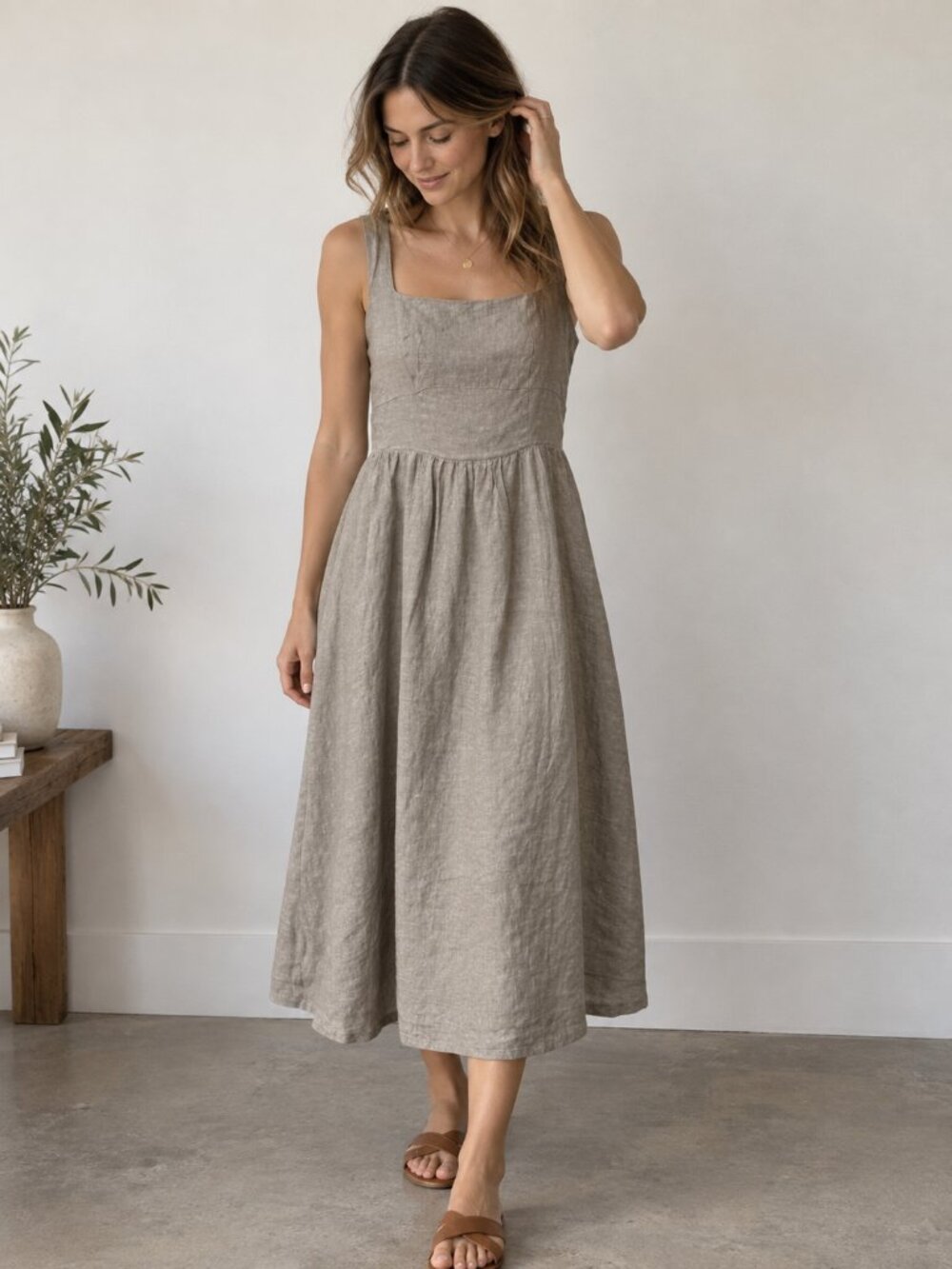 Quince 100% European Linen Fit & Flare Midi Dress Flax Small Petite SP NWT